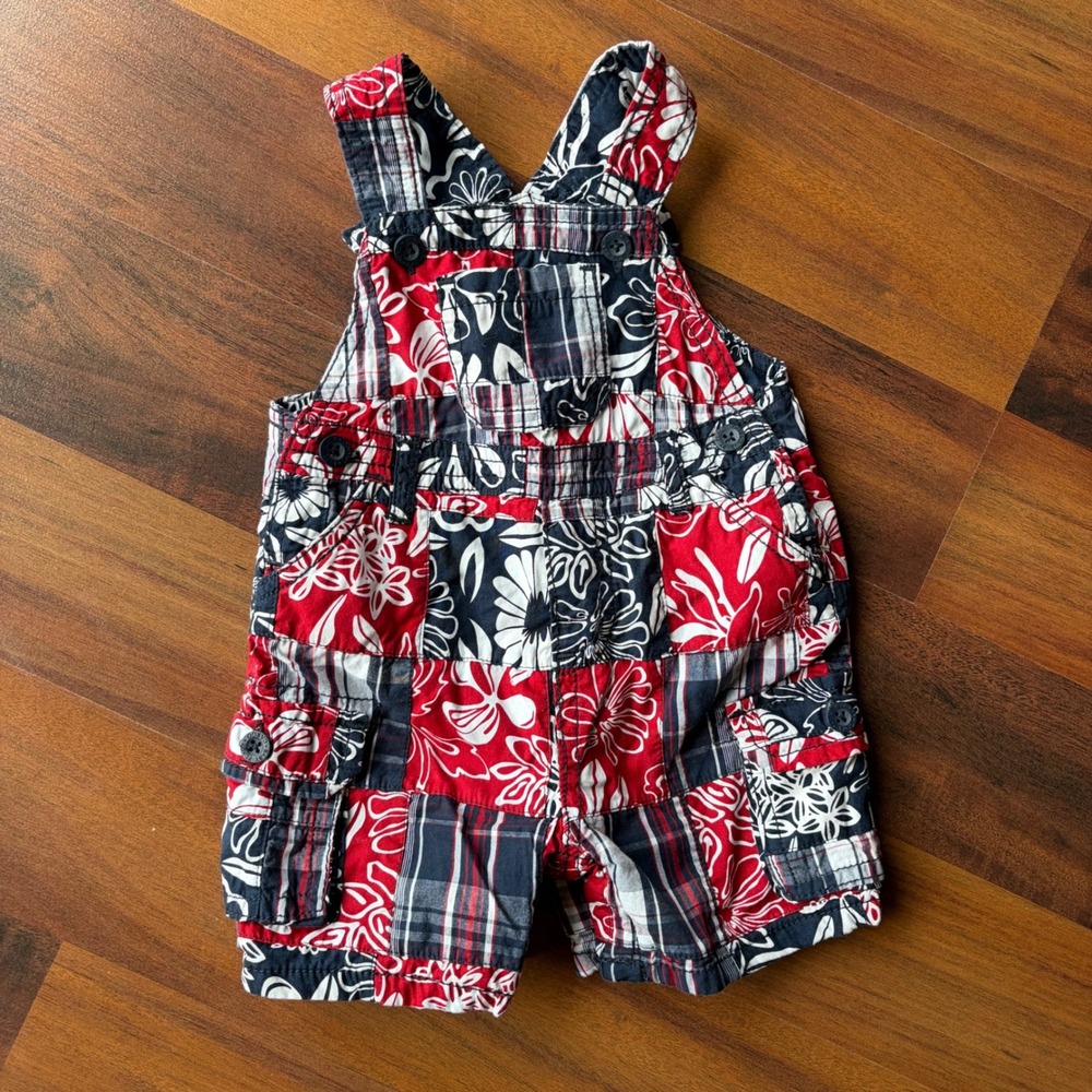 Y2K Childrens Place Baby Patchwork Floral Plaid Shortalls Red Navy 12 Months